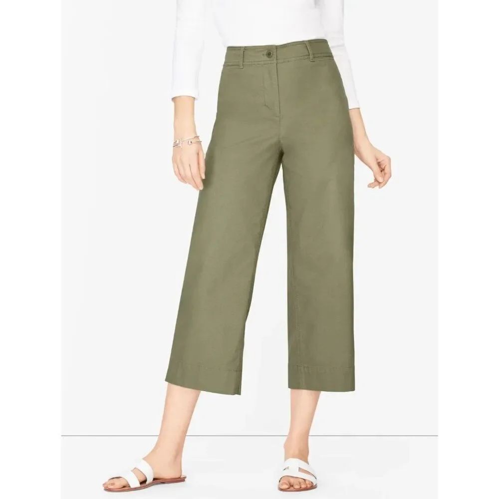 Talbots Womens Pants 10P Petite Green Wide Leg Cropped Chino Stretch NWT